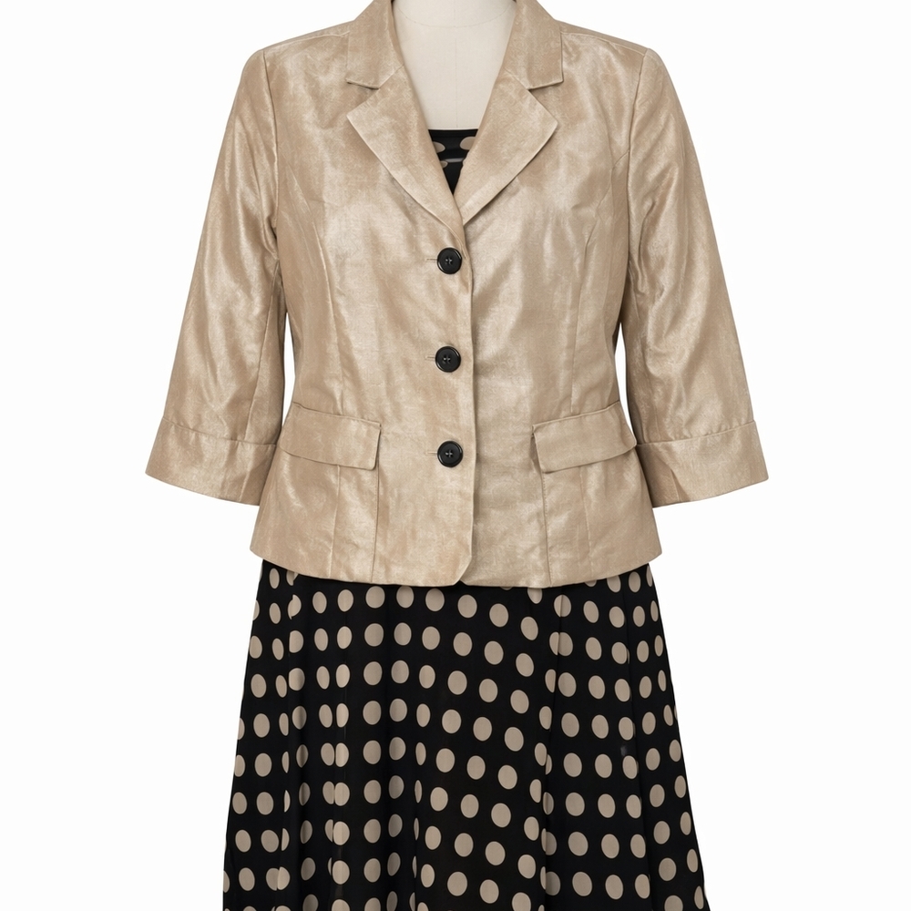 Dana Kay Shimmering Beige Gold Blazer & Black & Gold Polka Dot Skirt Suiy